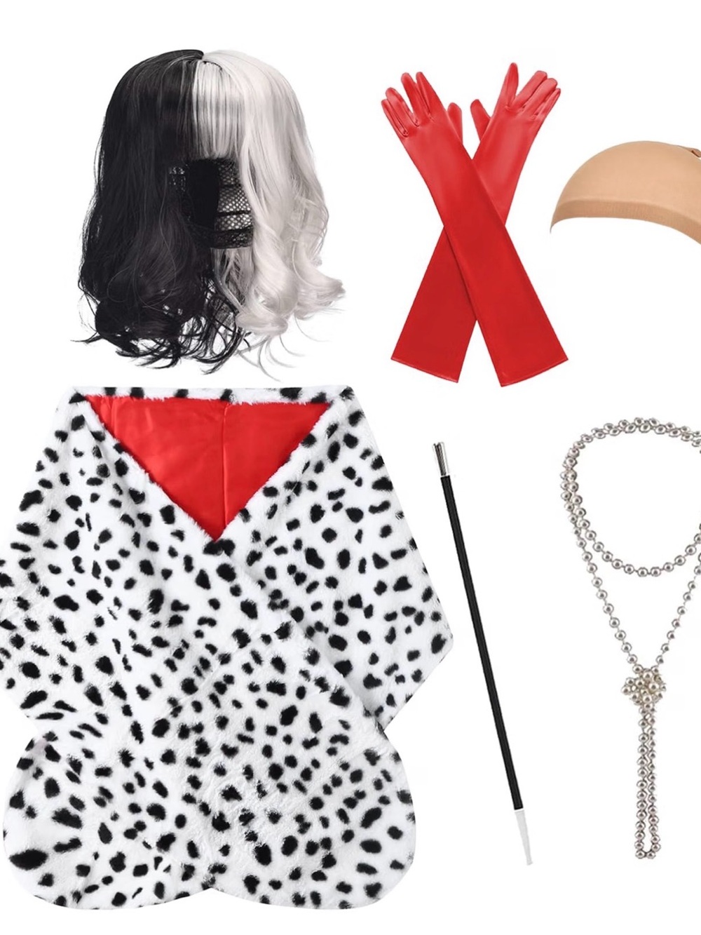 Cruella-Inspired Costume Set – Black & White Faux Fur Cape with Red Gloves